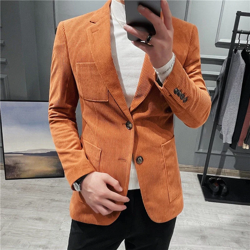 2022 Retro Kentsel Takım Elbise Ceket Moda Zarif Parti Giyim Karamel Erkekler Kadife Slim Fit Casual Blazers Görüntü 3