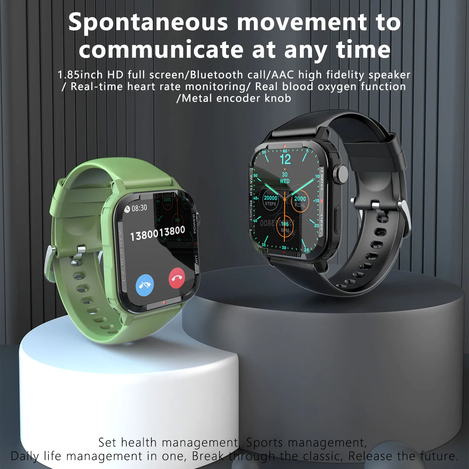 Açık Smartwatch 1.85 inç Tam Dokunmatik Ekran Ses aAssistant Bluetooth Çağrı 123 Spor Modu nabız monitörü akıllı saat Görüntü 1