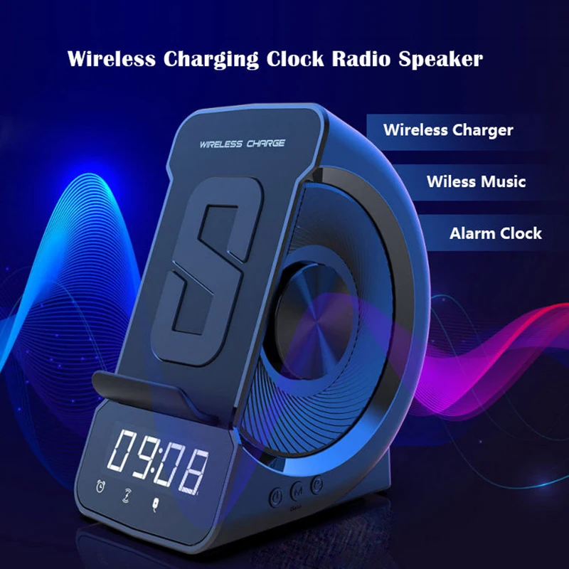 Bluetooth hoparlör İle 10W Kablosuz Şarj FM Radyo dijital alarmlı saat Saat TF kart Çalar Kablosuz Şarj telefon standı Görüntü 0