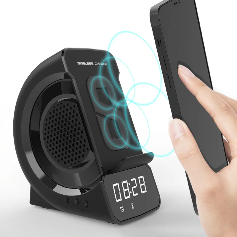 Bluetooth hoparlör İle 10W Kablosuz Şarj FM Radyo dijital alarmlı saat Saat TF kart Çalar Kablosuz Şarj telefon standı Görüntü 1