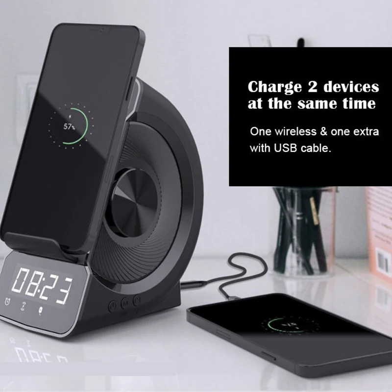 Bluetooth hoparlör İle 10W Kablosuz Şarj FM Radyo dijital alarmlı saat Saat TF kart Çalar Kablosuz Şarj telefon standı Görüntü 3