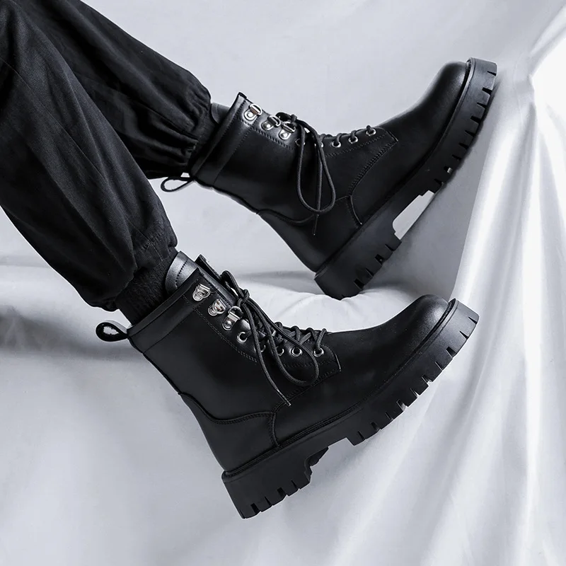erkekler moda çöl botları dantel-up orijinal deri ayakkabı açık havada çalışma takım platformu çizme yakışıklı savaş askeri ayak bileği botas Görüntü 1
