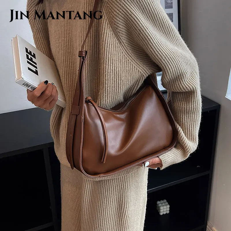 JIN MANTANG Omuz Crossbody Çanta Kadınlar için 2023 Trend Küçük Deri Tasarımcısı Vintage Seyahat Kova Çanta ve Çantalar Bolsos Görüntü 1