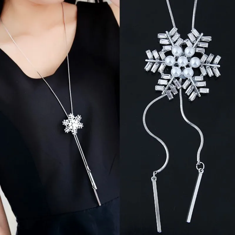 Kristal Uzun Kolye ve Kadınlar için kolye Collier Femme Moda Simüle İnci Kar Tanesi Kolye Kazak Zincir Takı Görüntü 0