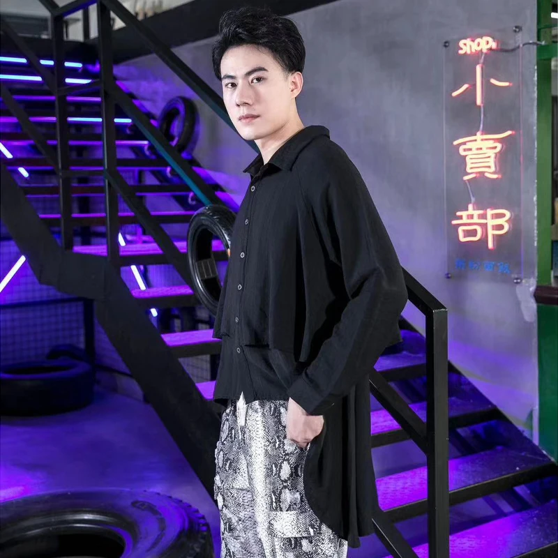 S-6XL ! 2019 Yeni Erkek giyim Bigbang Saç Stilisti moda rahat Yuvarlak hem gömlek Artı boyutu sahne şarkıcı kostümleri Görüntü 3
