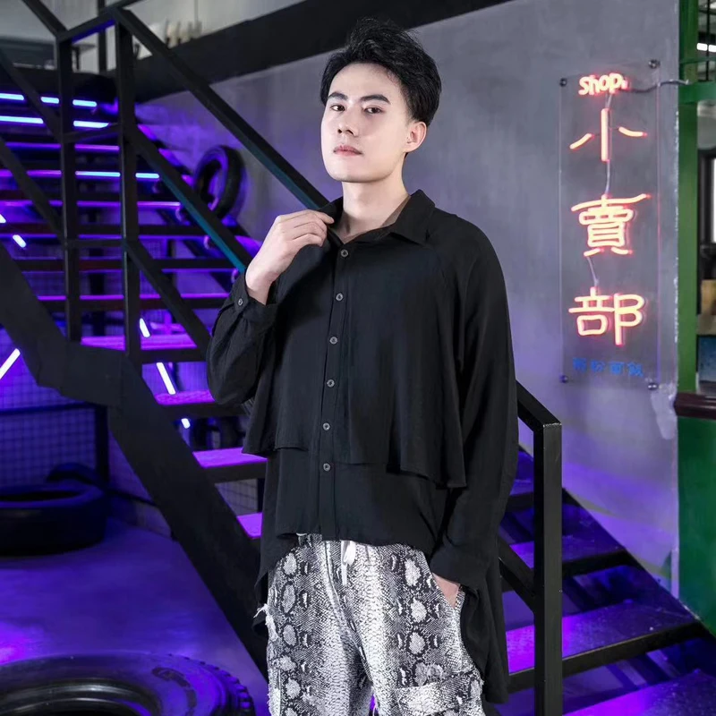 S-6XL ! 2019 Yeni Erkek giyim Bigbang Saç Stilisti moda rahat Yuvarlak hem gömlek Artı boyutu sahne şarkıcı kostümleri Görüntü 4