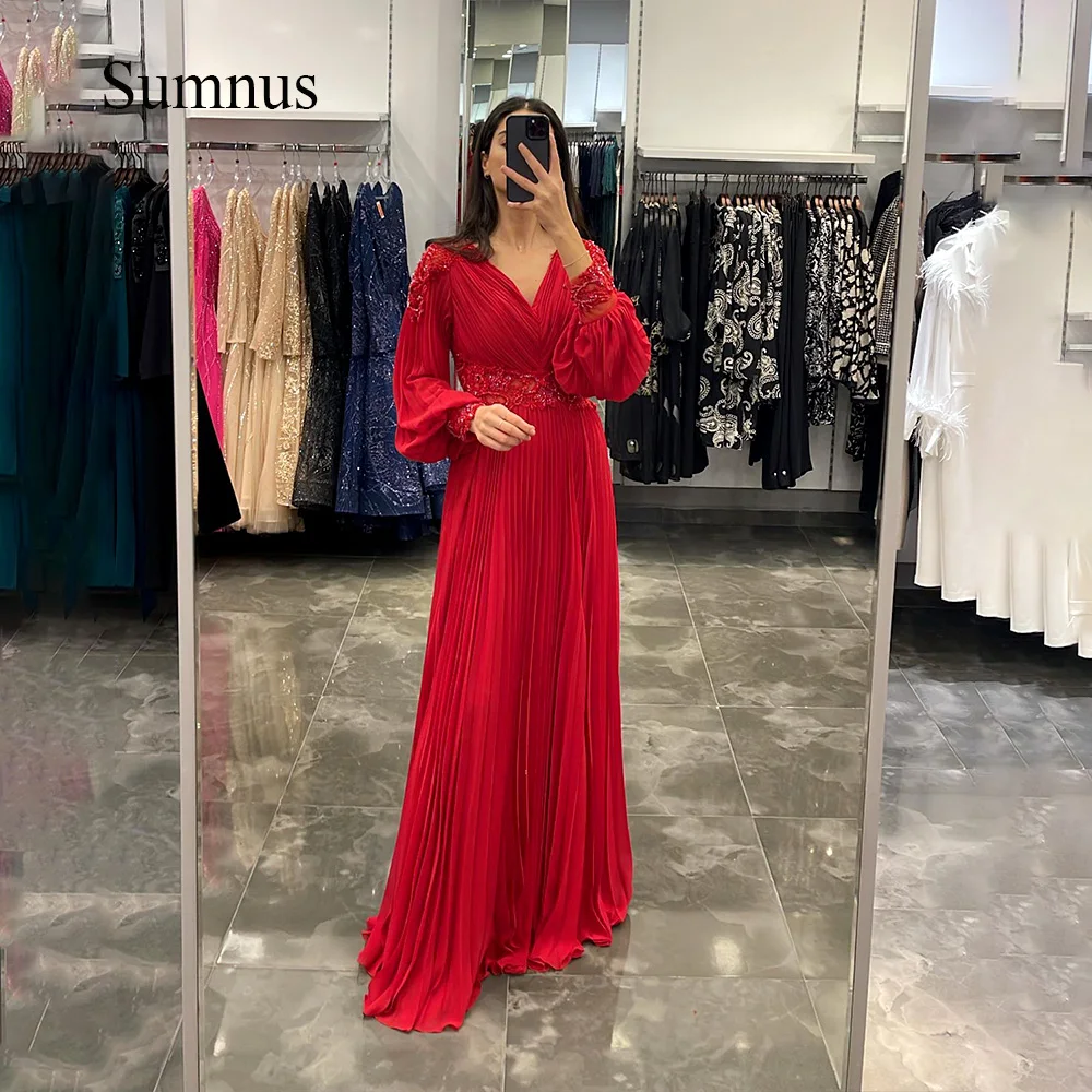 Sumnus Kırmızı Şifon Uzun Arapça Abiye Dantel Aplikler Tam Kollu Dubai Örgün Abiye giyim Kadın Düğün Parti Elbise Görüntü 0