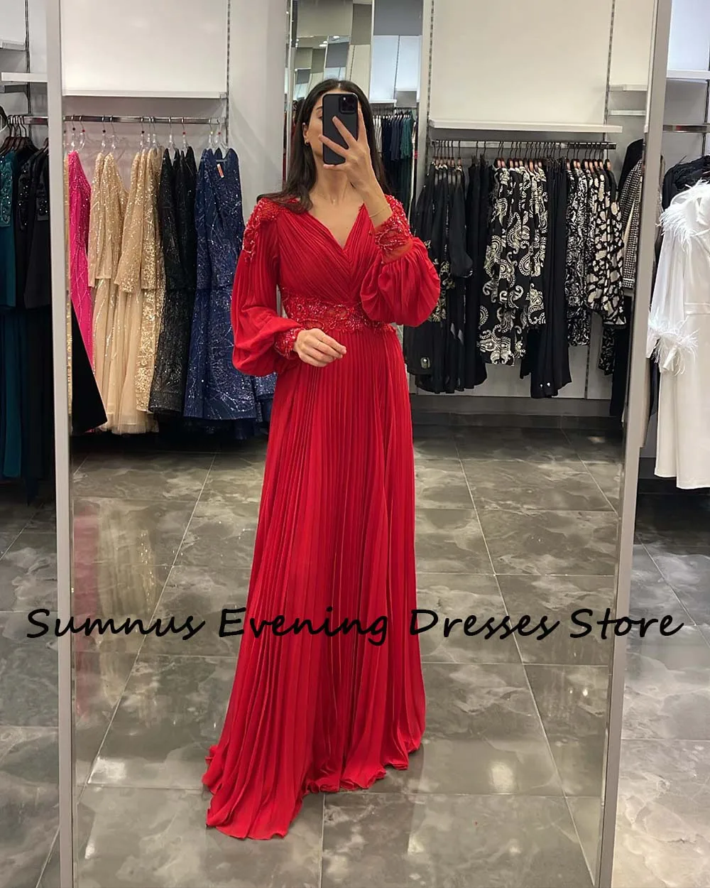 Sumnus Kırmızı Şifon Uzun Arapça Abiye Dantel Aplikler Tam Kollu Dubai Örgün Abiye giyim Kadın Düğün Parti Elbise Görüntü 5