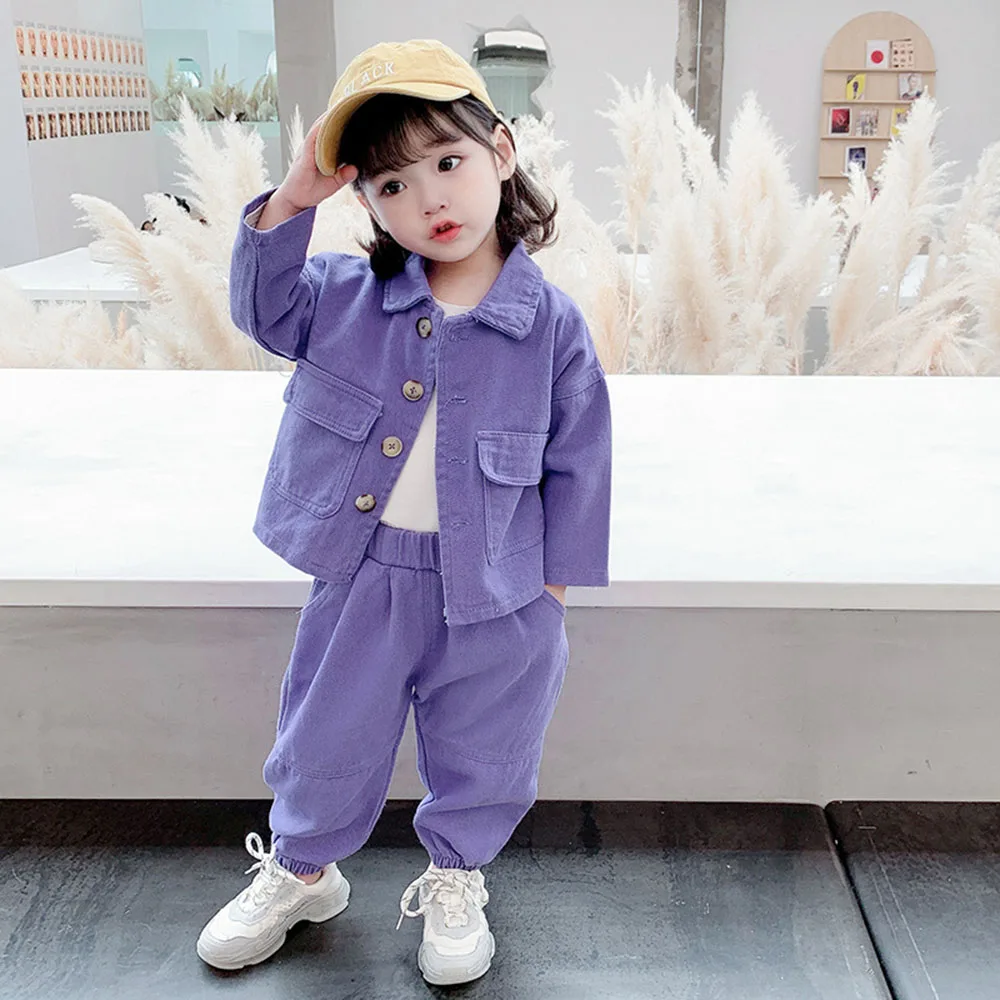 Toddlers Çocuk Giyim Setleri Bebek Kız Uzun Kollu Düz Renk Mont + Pantolon 2 Adet Çocuklar Kore Rahat Gevşek Ceketler Takım Elbise 1-6Y Görüntü 0