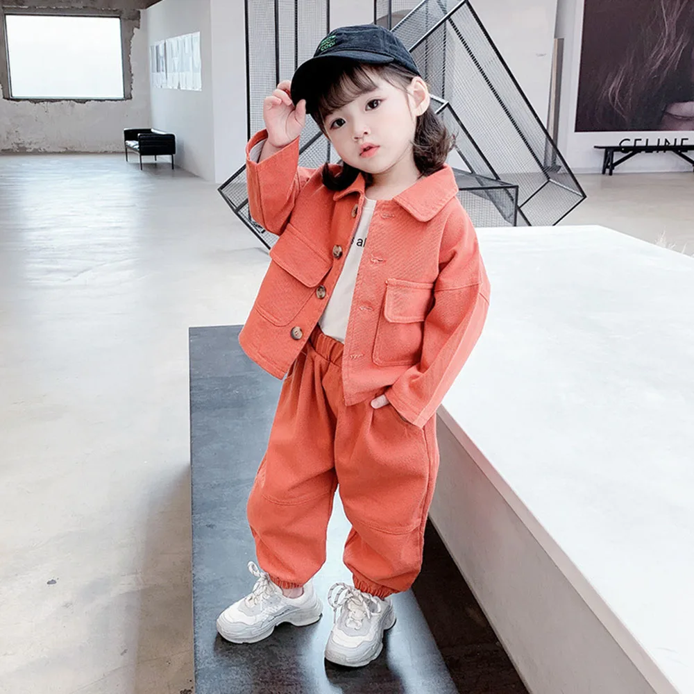 Toddlers Çocuk Giyim Setleri Bebek Kız Uzun Kollu Düz Renk Mont + Pantolon 2 Adet Çocuklar Kore Rahat Gevşek Ceketler Takım Elbise 1-6Y Görüntü 1