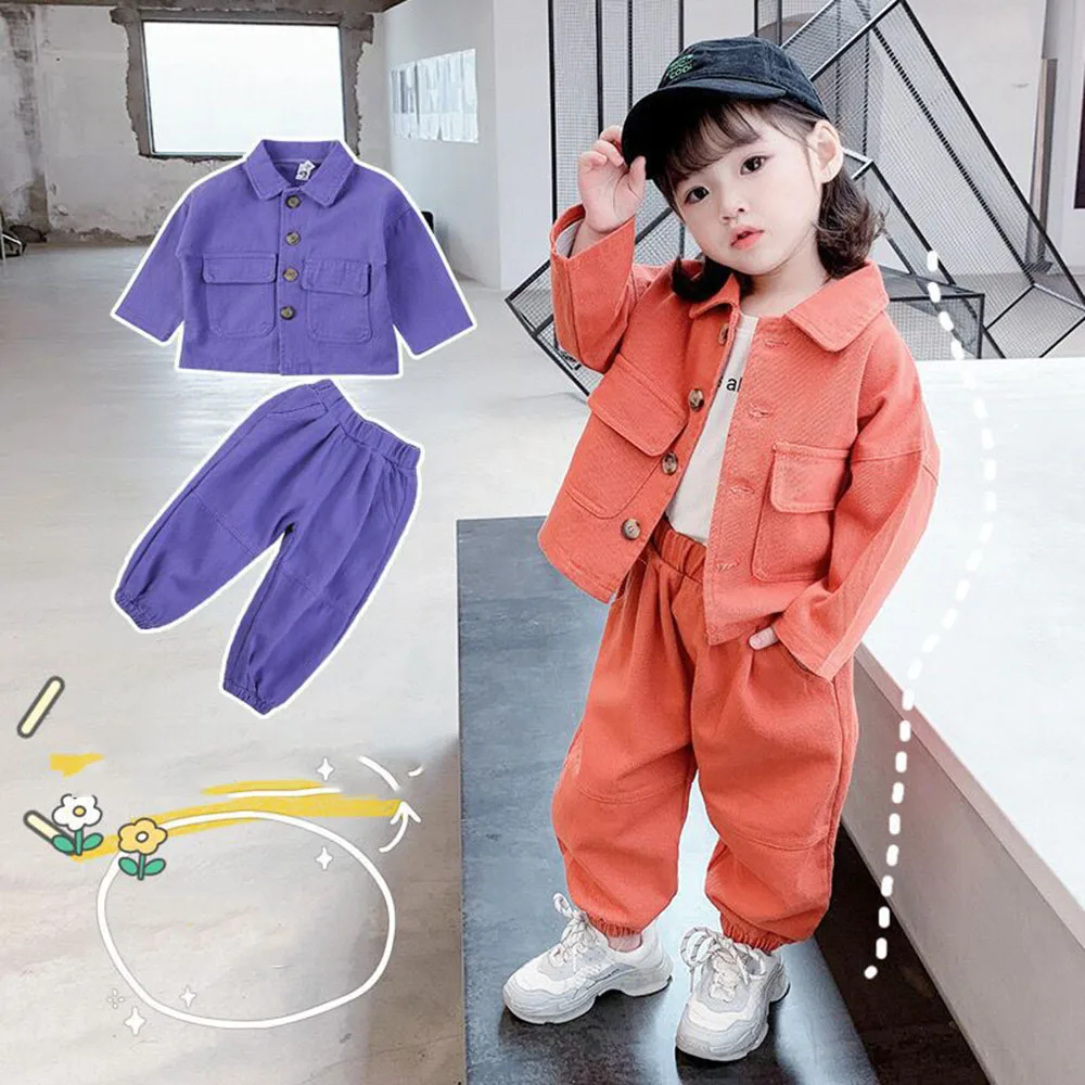 Toddlers Çocuk Giyim Setleri Bebek Kız Uzun Kollu Düz Renk Mont + Pantolon 2 Adet Çocuklar Kore Rahat Gevşek Ceketler Takım Elbise 1-6Y Görüntü 2