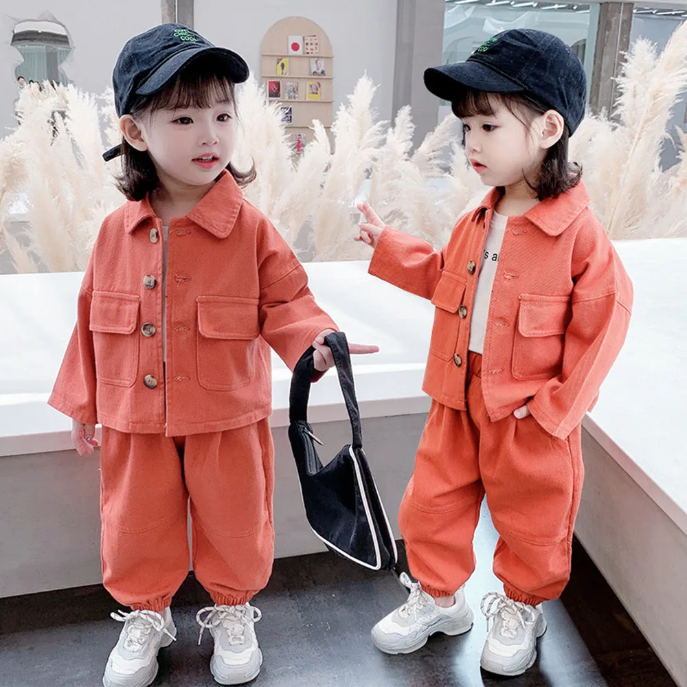 Toddlers Çocuk Giyim Setleri Bebek Kız Uzun Kollu Düz Renk Mont + Pantolon 2 Adet Çocuklar Kore Rahat Gevşek Ceketler Takım Elbise 1-6Y Görüntü 3