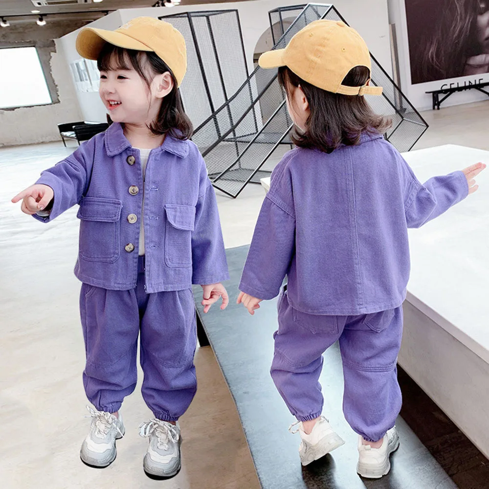 Toddlers Çocuk Giyim Setleri Bebek Kız Uzun Kollu Düz Renk Mont + Pantolon 2 Adet Çocuklar Kore Rahat Gevşek Ceketler Takım Elbise 1-6Y Görüntü 4