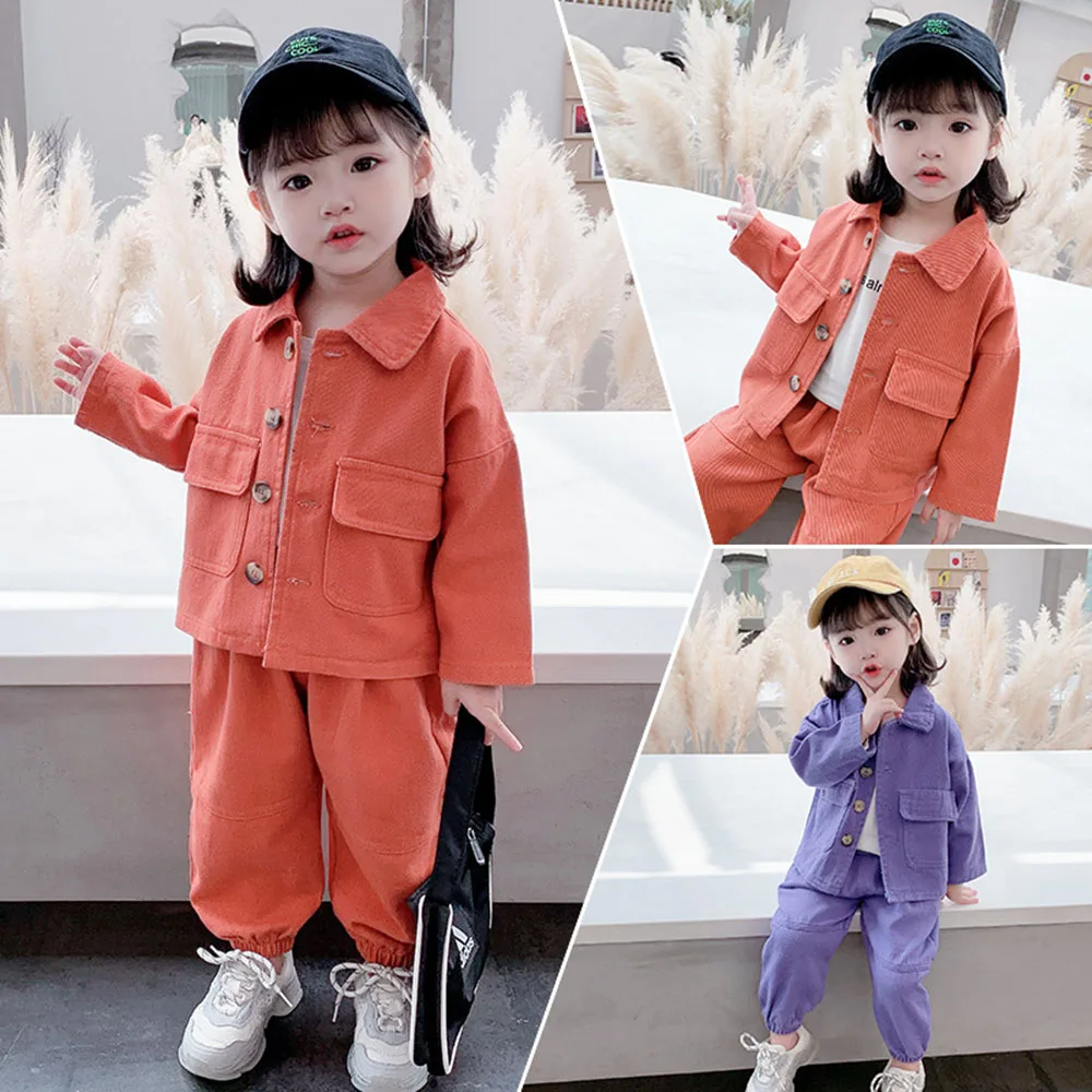 Toddlers Çocuk Giyim Setleri Bebek Kız Uzun Kollu Düz Renk Mont + Pantolon 2 Adet Çocuklar Kore Rahat Gevşek Ceketler Takım Elbise 1-6Y Görüntü 5