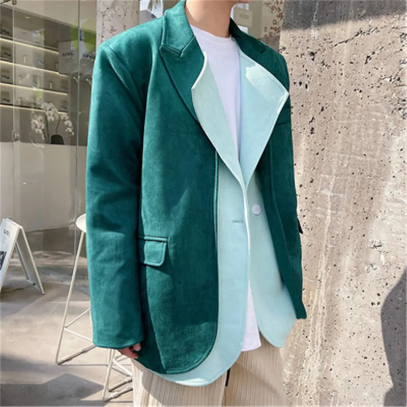 Vintage Erkekler Blazer Ceket Çıkarılabilir Sahte 2 Parça Süet Takım Elbise Ceket Tek Düğme Casual Dış Giyim Erkek Kore Tarzı Giysiler Güz Görüntü 3