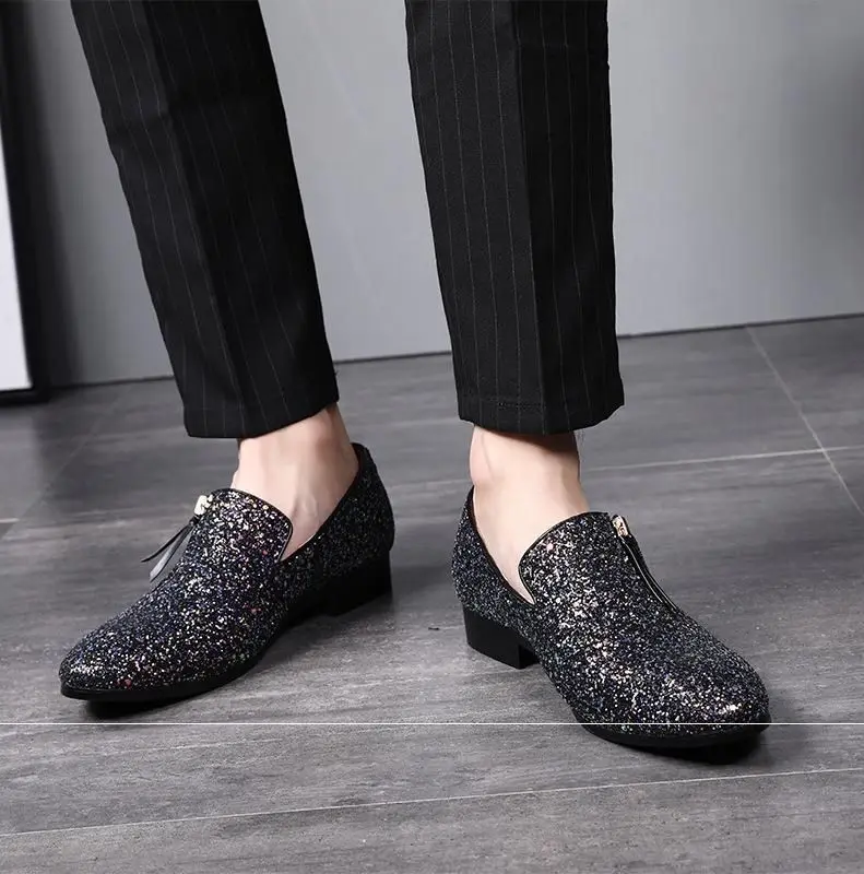 Yeni varış moda yaz rahat fermuar püskül erkek loafer'lar üzerinde kayma elbise ayakkabı mocasines hombre glitter deri düşük topuklu Görüntü 1