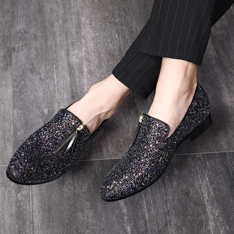 Yeni varış moda yaz rahat fermuar püskül erkek loafer'lar üzerinde kayma elbise ayakkabı mocasines hombre glitter deri düşük topuklu Görüntü 5