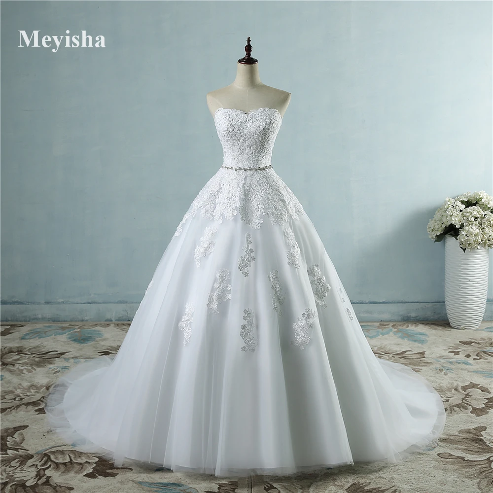 ZJ9032 custom made Beyaz Fildişi Sevgiliye Kristal Bel Hattı Gelin Elbise Düğün Balo Prenses dantel maxi resmi elbiseler Görüntü 1