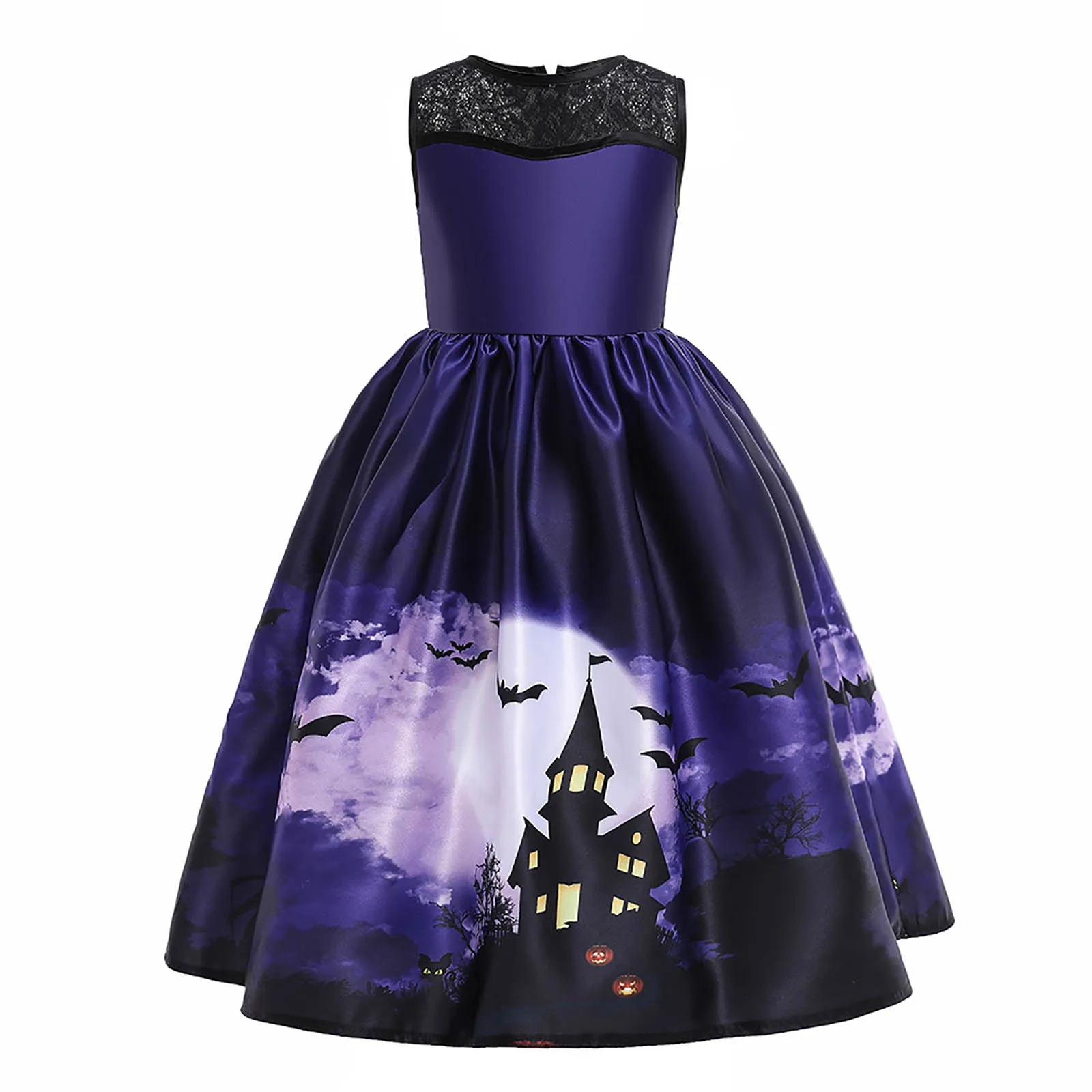 Çocuk Kız Cadılar Bayramı Elbise süslü elbise Kostümleri Kabak Baskı Dantel Patchwork Saten Elbise Prenses Elbise Akşam Parti Balo elbisesi Görüntü 1