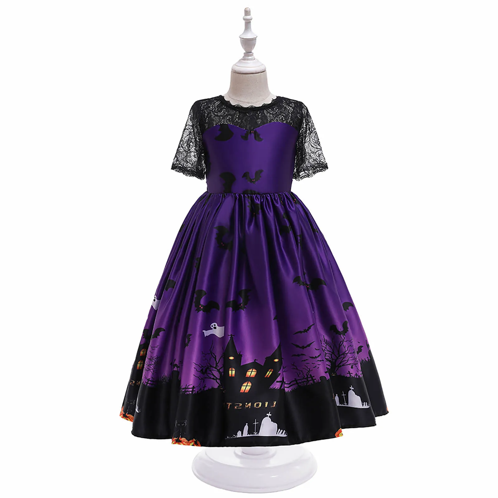 Çocuk Kız Cadılar Bayramı Elbise süslü elbise Kostümleri Kabak Baskı Dantel Patchwork Saten Elbise Prenses Elbise Akşam Parti Balo elbisesi Görüntü 4