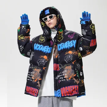 Graffiti Ceket erkek Kış Gelgit Marka Ins Serin Hip-Hop Kapşonlu Gevşek Artı Boyutu Aşağı Pamuk kapitone ceket Ceket